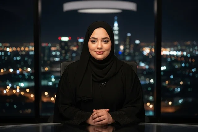 مذيعة أخبار إماراتية بالعباءة في الاستوديو ليلاً