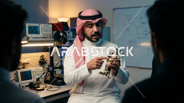 مهندس سعودي يشرح مشروع روبوتات في مختبر إلكترونيات