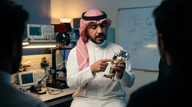 Saudi Engineer Explaining Robotics in Laboratory Lab