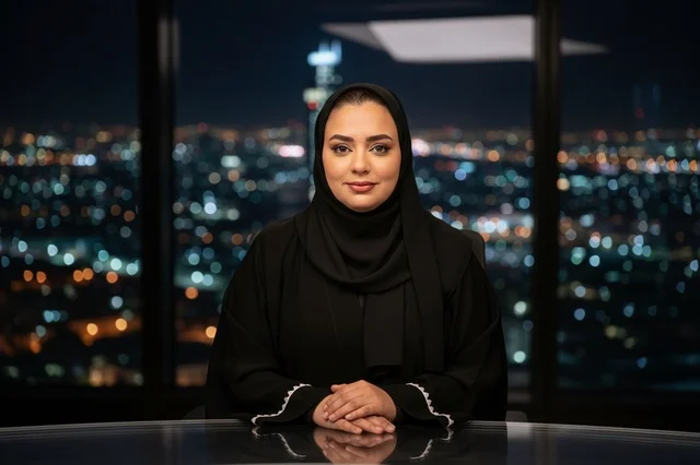 سيدة أعمال عربية بالعباءة السوداء في استوديو ليلي