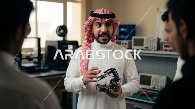 Saudi Engineer Demonstrating Robotic Arm in Tech Lab