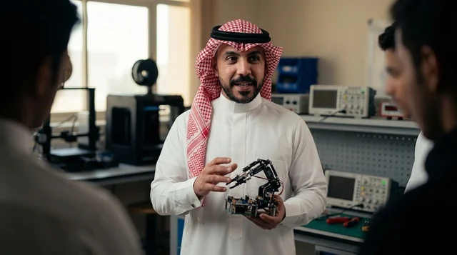 Saudi Engineer Demonstrating Robotic Arm in Tech Lab