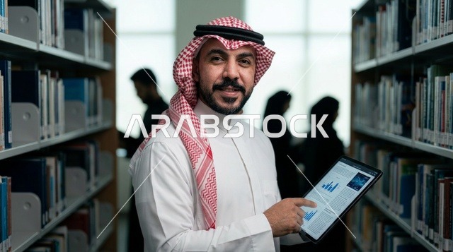 رجل سعودي في مكتبة جامعية يحمل جهاز لوحي رقمي ذكي