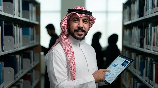 Saudi Man in Library Holding Digital Tablet Device