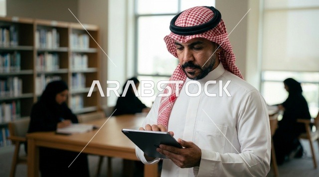 Saudi Man Using Digital Tablet in Library Environment