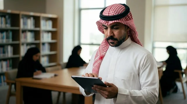 Saudi Man Using Digital Tablet in Library Environment