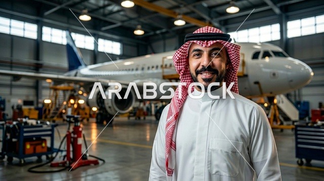 مهندس طيران سعودي بالزي التقليدي في حظيرة طائرات