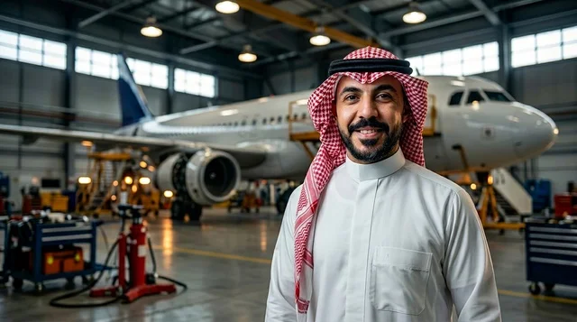 Saudi Aviation Engineer in Hangar with Airplane