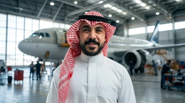 Saudi Man in Traditional Thobe inside Aircraft Hangar