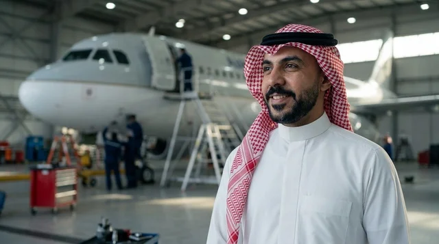 رجل سعودي بالزي التقليدي داخل حظيرة صيانة طائرات
