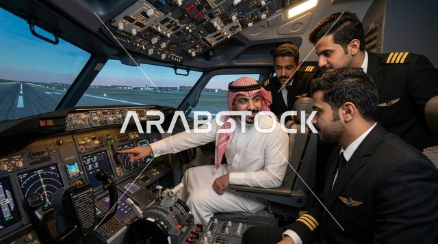 Saudi Pilots Training Inside Flight Simulator Cockpit