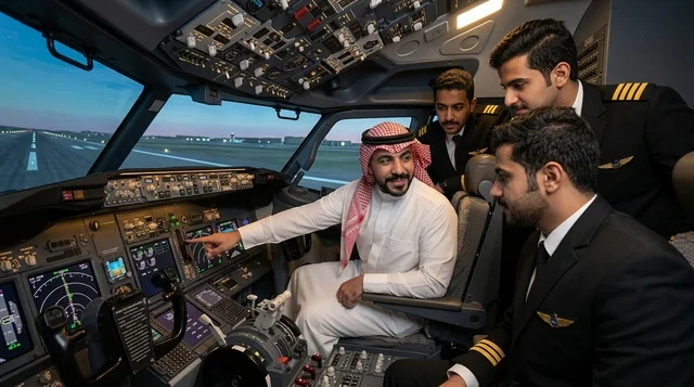 Saudi Pilots Training Inside Flight Simulator Cockpit