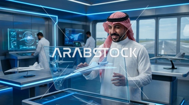 مهندس طيران سعودي يتفاعل مع شاشة هولوغرام طائرات
