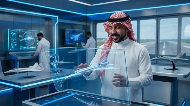 Saudi Aerospace Engineer with Futuristic Jet Hologram