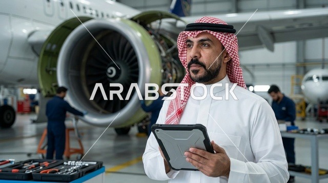 Saudi Aviation Engineer with Tablet in Aircraft Hangar