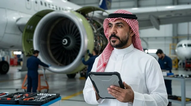 Saudi Aviation Engineer with Tablet in Aircraft Hangar