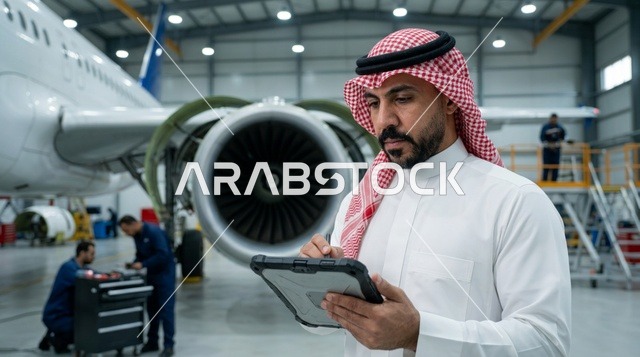مهندس طيران سعودي يستخدم جهاز لوحي في حظيرة طائرات