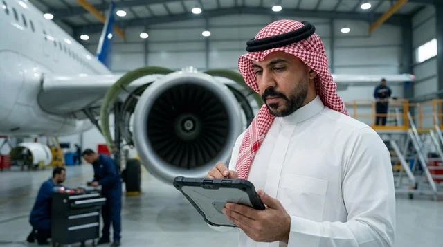 مهندس طيران سعودي يستخدم جهاز لوحي في حظيرة طائرات