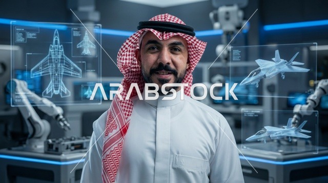 Saudi Engineer in High Tech Aerospace Lab with Holograms