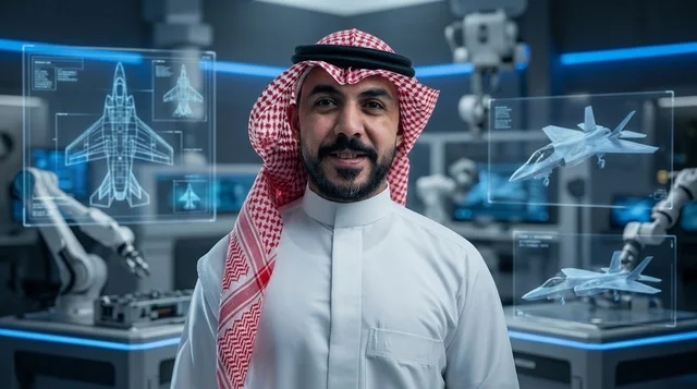 Saudi Engineer in High Tech Aerospace Lab with Holograms