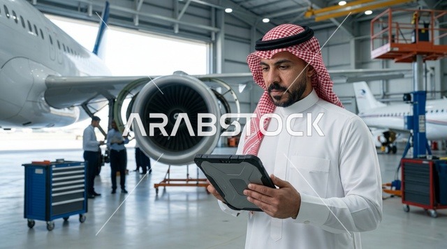 Saudi Aviation Engineer with Tablet in Airplane Hangar