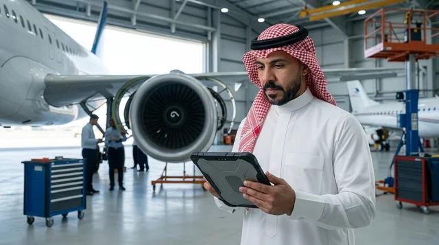 Saudi Aviation Engineer with Tablet in Airplane Hangar