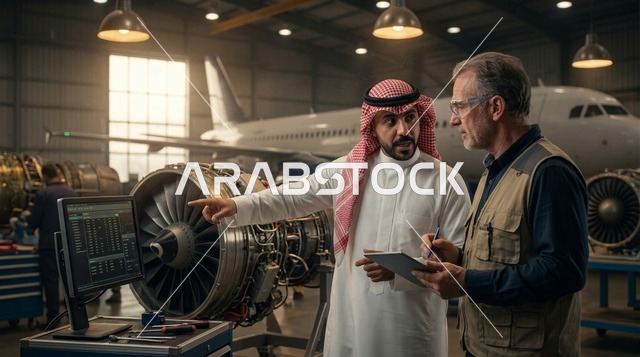 مهندس سعودي وفني طيران يناقشان صيانة المحركات