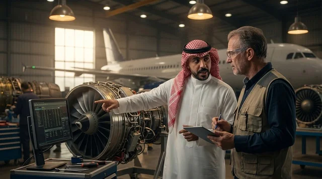 مهندس سعودي وفني طيران يناقشان صيانة المحركات