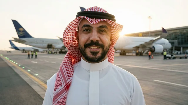 Saudi Man in Traditional Thobe at Airport Runway Sunset