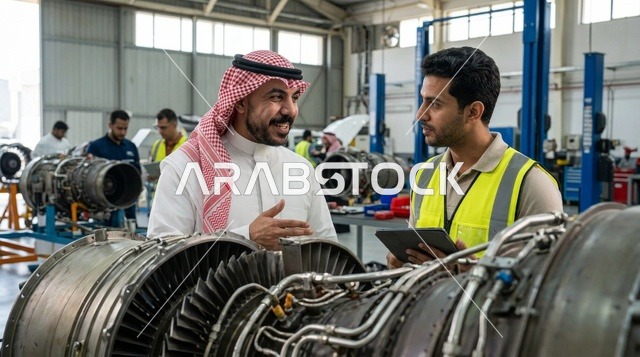 Saudi Engineer Discussing Aircraft Engine Maintenance