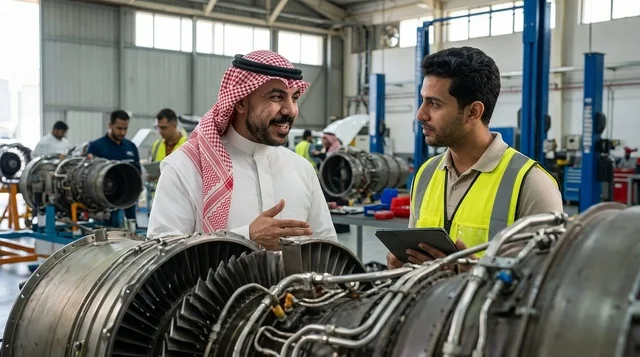 Saudi Engineer Discussing Aircraft Engine Maintenance