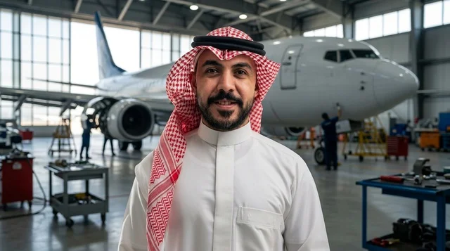Saudi Man in Traditional Thobe inside Aircraft Hangar