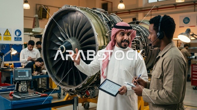 Saudi Engineer and Technician Inspecting Jet Engine