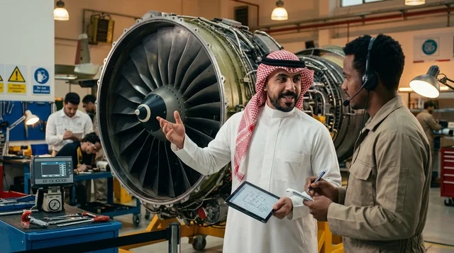 مهندس سعودي وفني صيانة يفحصان محرك طائرة نفاثة