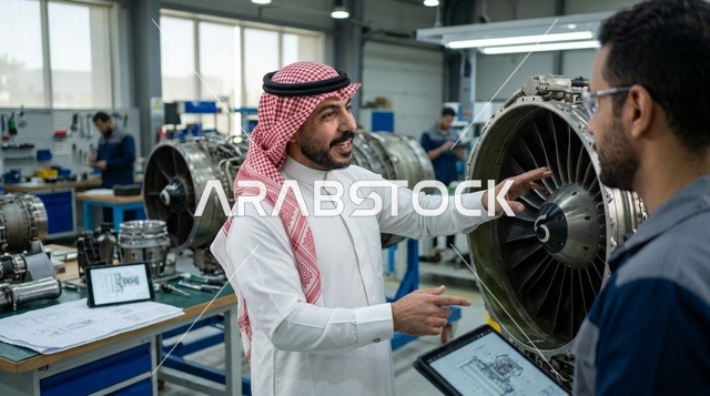مهندس سعودي يفحص محرك طائرة توربيني في ورشة صيانة
