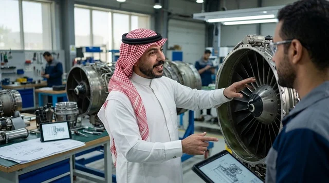 Saudi Engineer Inspecting Jet Turbine Engine in Workshop