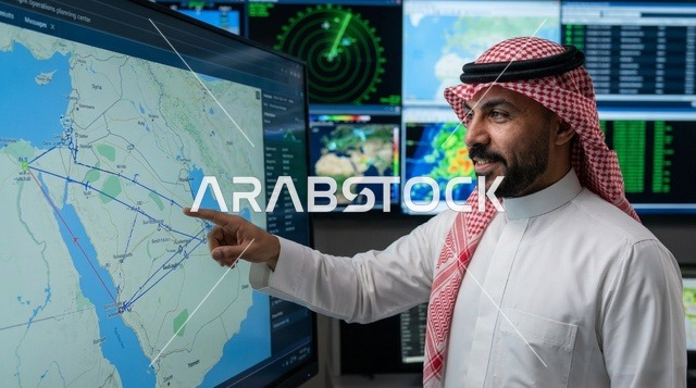 رجل سعودي يشير إلى خريطة رقمية في غرفة التحكم