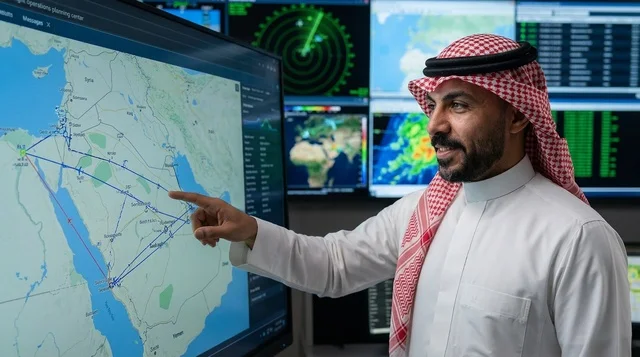 Saudi Man in Control Room Pointing at Map Screen