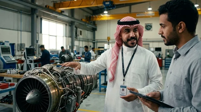 Saudi Engineer Inspecting Aircraft Turbine in Factory