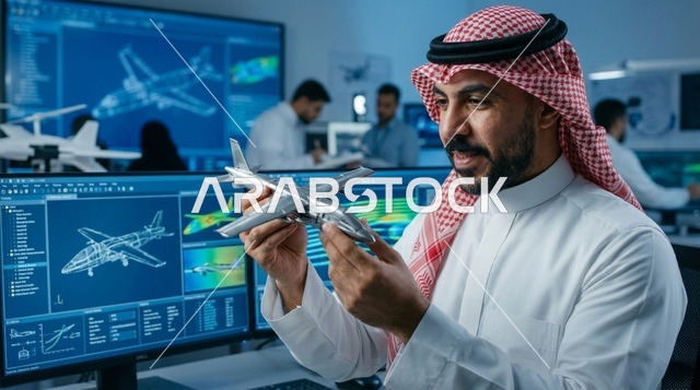 مهندس طيران سعودي بالزي التقليدي يفحص مجسم طائرة