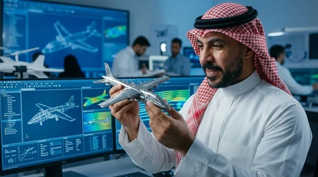 Saudi Aerospace Engineer Holding Airplane Model in Lab