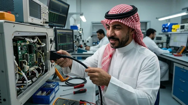 Saudi Engineer Testing Electronics in High Tech Lab