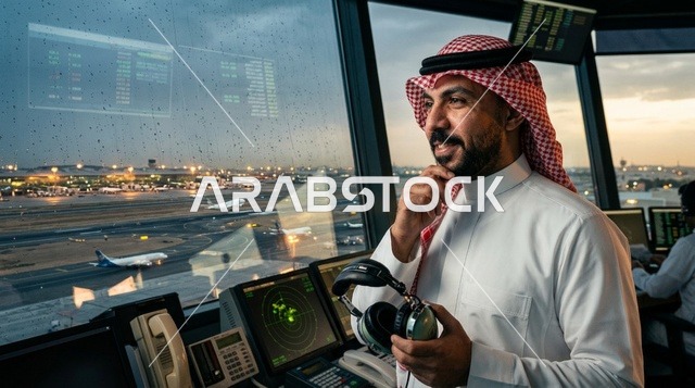 مراقب حركة جوية سعودي باللباس التقليدي في المطار