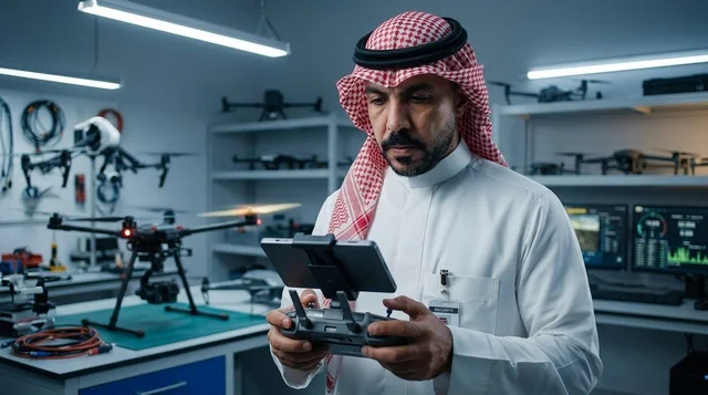 Saudi Engineer Operating Drone in Technical Workshop