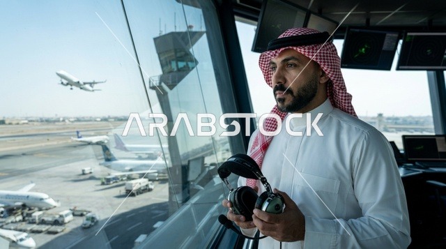 مراقب حركة جوية سعودي بالزي التقليدي في برج المراقبة