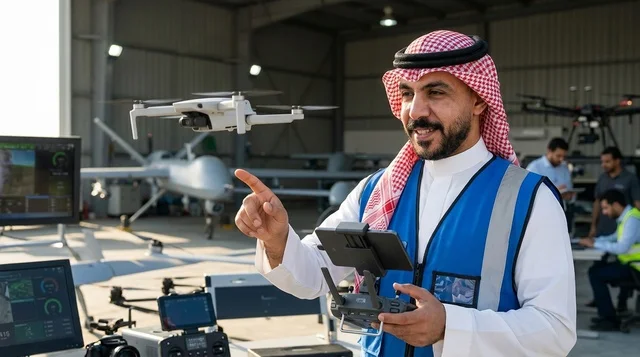 Saudi Engineer Controlling Drone in Aviation Hangar