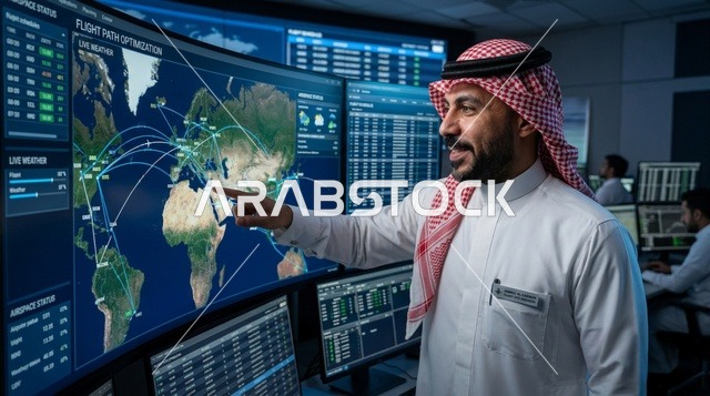 Saudi Man in Flight Control Center Pointing at Map
