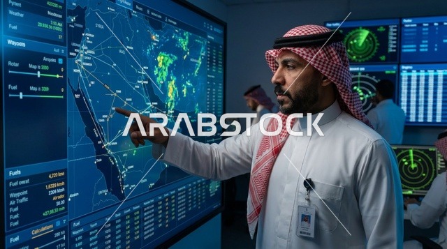 رجل سعودي في غرفة التحكم يشير إلى شاشة خرائط رقمية