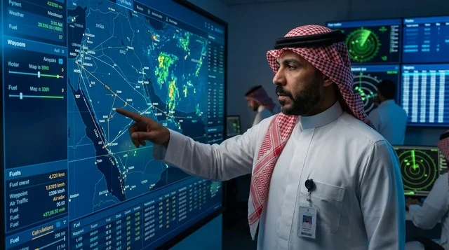Saudi Man in Control Room Pointing at Digital Map Screen