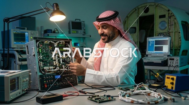 مهندس سعودي يعمل على صيانة الإلكترونيات في المختبر